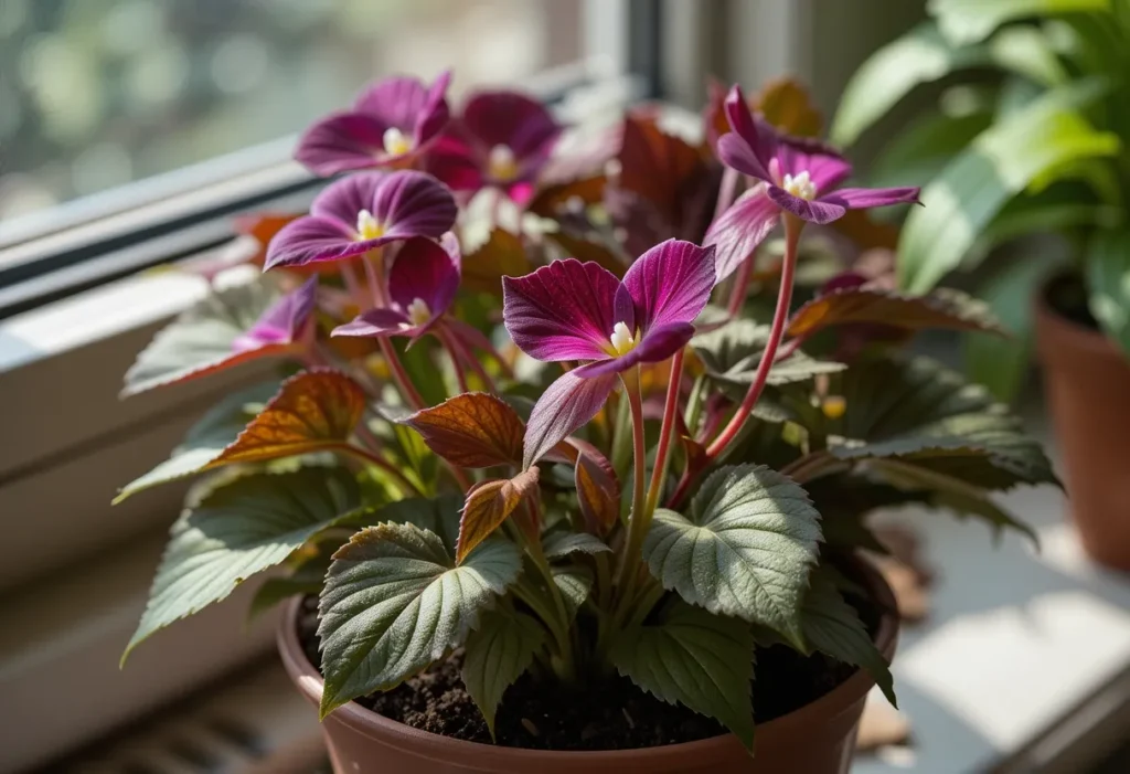 Oxalis triangularis with purple leaves and small flowers on a bright windowsill.