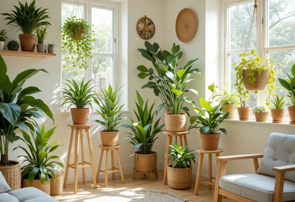 A curated collection of 23 low-maintenance indoor plants, including snake plant, pothos, ZZ plant, and aloe vera, styled in decorative pots. Perfect for beginners or busy plant lovers looking for greenery that thrives on neglect.