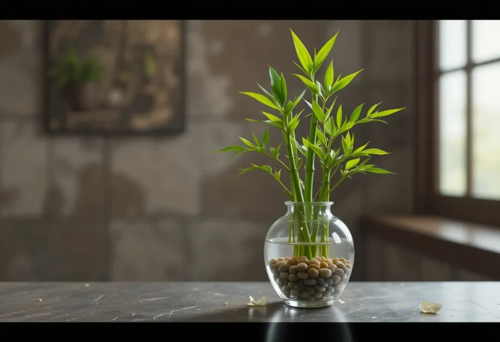 : Lucky bamboo stalks growing in a glass vase with pebbles, placed on a zen-style table.