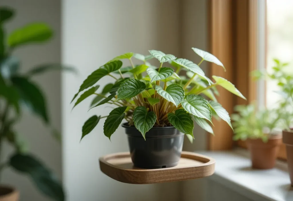 Compact peperomia plant with textured leaves on a floating shelf in a bright room.