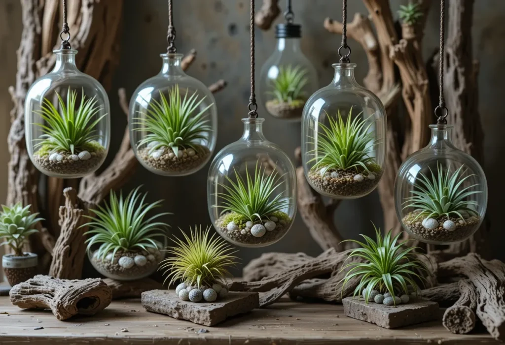 Assorted air plants displayed in glass terrariums and wood holders with soft lighting