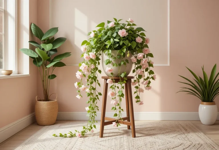 Trailing Hoya vines draped from a wooden plant stand in a softly lit room with warm pink and cream tones.