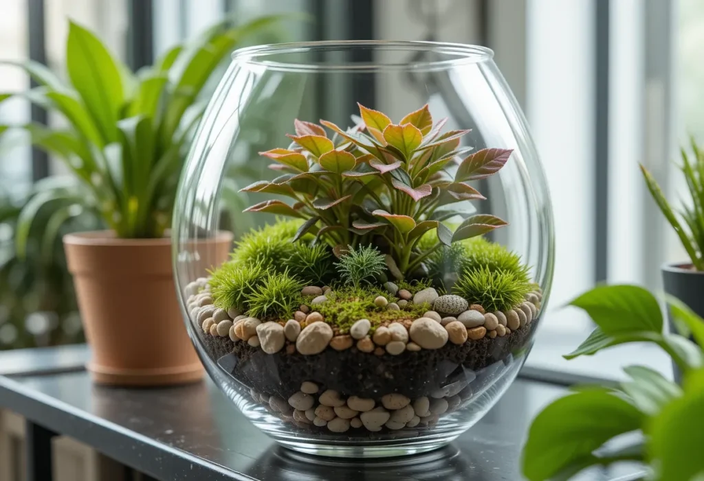 Colorful Fittonia in a glass terrarium with moss and pebbles on a shelf in a high-humidity indoor plant setup.