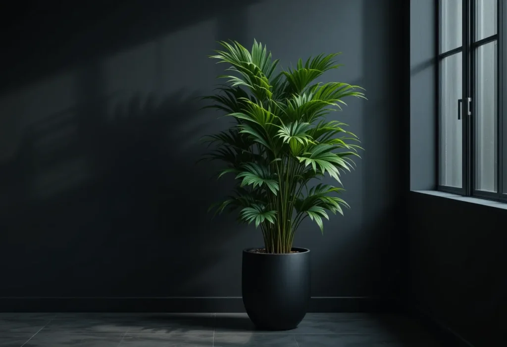 Cast Iron Plant with tall dark green leaves in a black pot against a moody interior wall with indirect lighting.