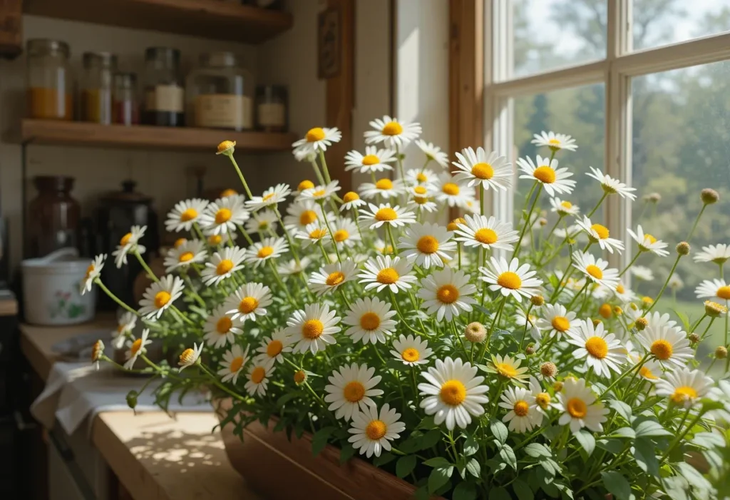 Chamomile plant blooming with small white flowers in a sunny windowsill box with rustic kitchen decor nearby.