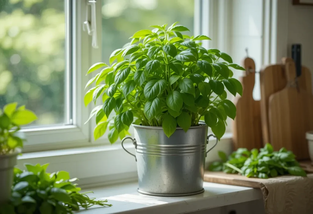 Bright green Basil in a galvanized pot on a sunlit kitchen windowsill, styled with herbs and wood accents.