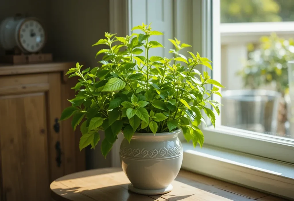 Lemon Balm in a ceramic pot beside a sunny patio door, lush green leaves in a bright, naturally lit indoor space.