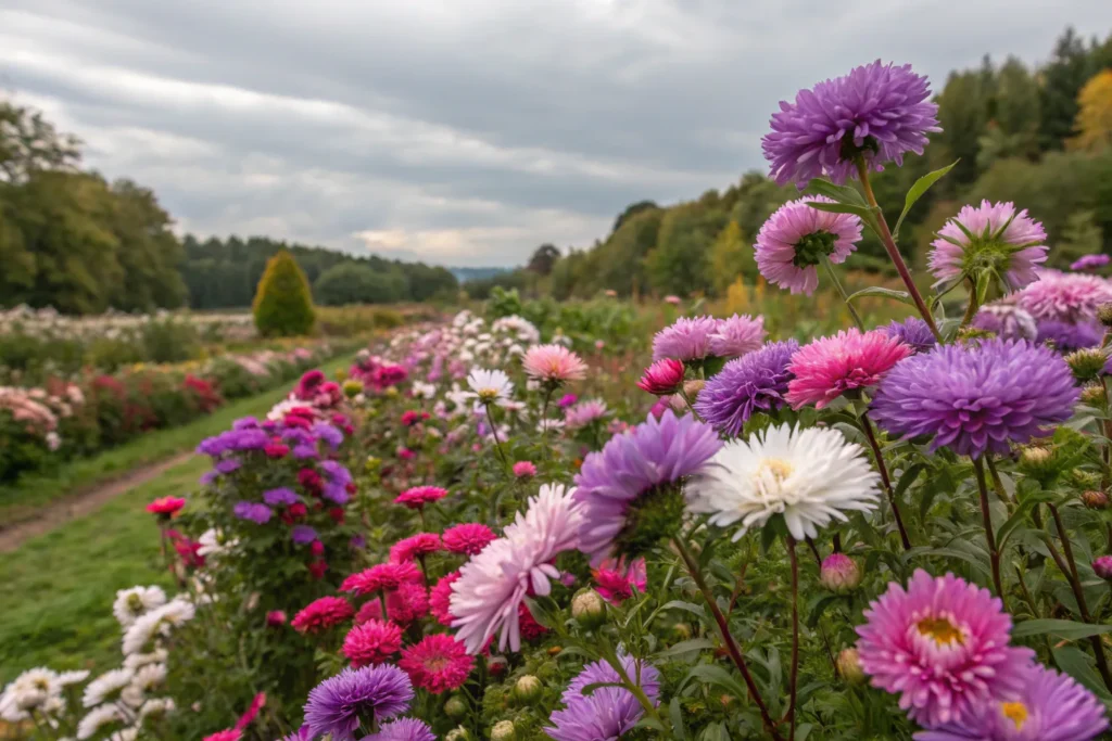 Purple, pink, and white aster flowers blooming in a September garden with bees and butterflies.