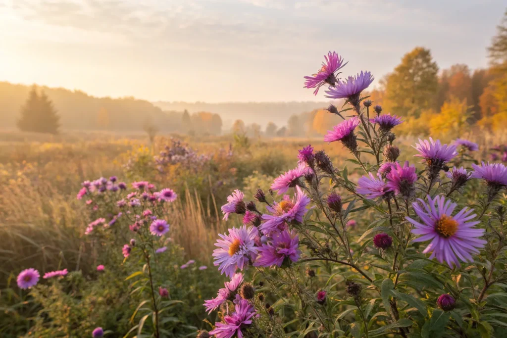 Purple and pink Aster flowers blooming in September, attracting butterflies and bees.