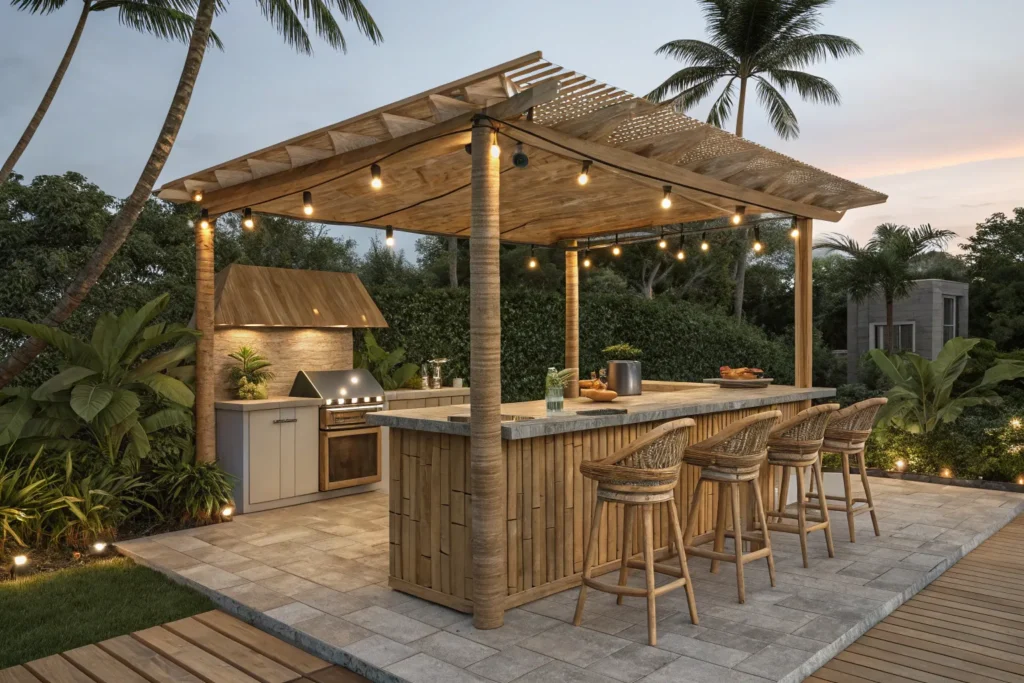 Bamboo tiki bar on a deck with thatched pergola, stone counter, and tropical plants.