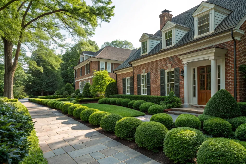 Front yard with lush boxwood shrubs trimmed into neat shapes, adding timeless elegance to the house entrance.