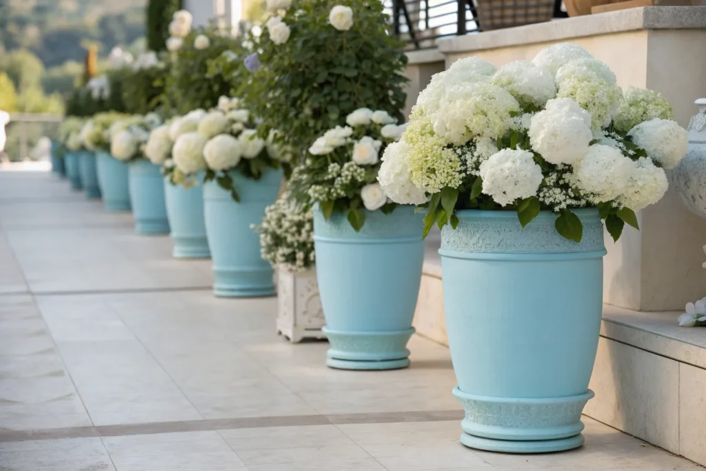 Blue planters with white hydrangeas adding a refreshing, serene touch to a patio.