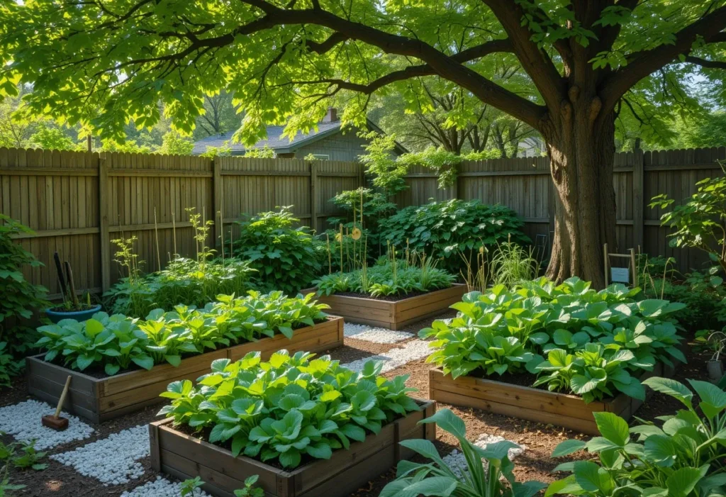 Shaded backyard garden corner with leafy vegetables growing in raised beds and containers under filtered sunlight, illustrating a productive low-light vegetable garden.