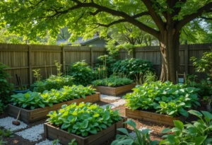 Shaded backyard garden corner with leafy vegetables growing in raised beds and containers under filtered sunlight, illustrating a productive low-light vegetable garden.