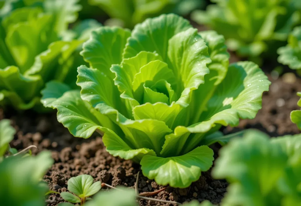 Fresh green leaf lettuce growing in partial shade with moist soil and soft sunlight.