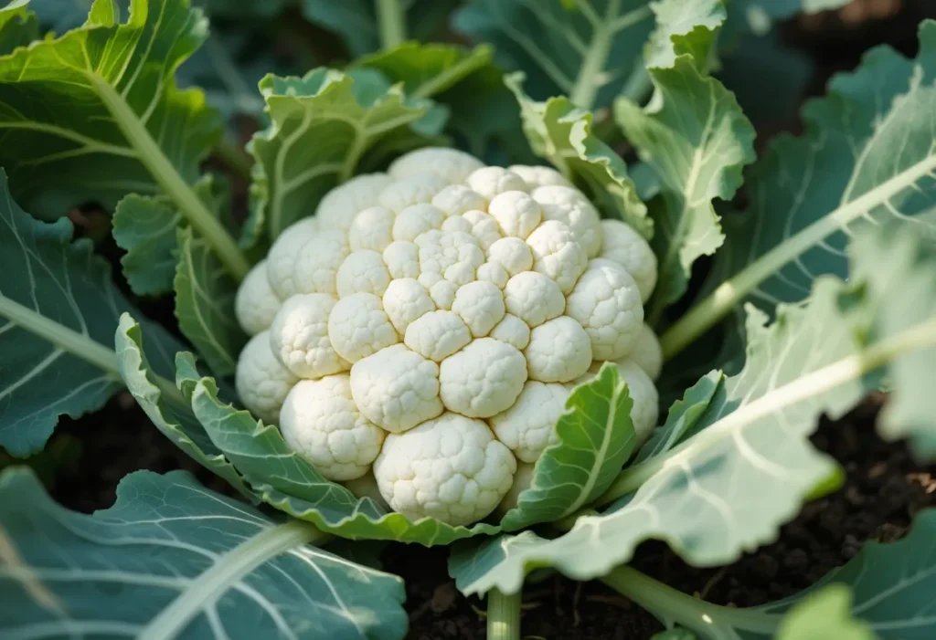 White cauliflower head growing under green leaves in partial shade.