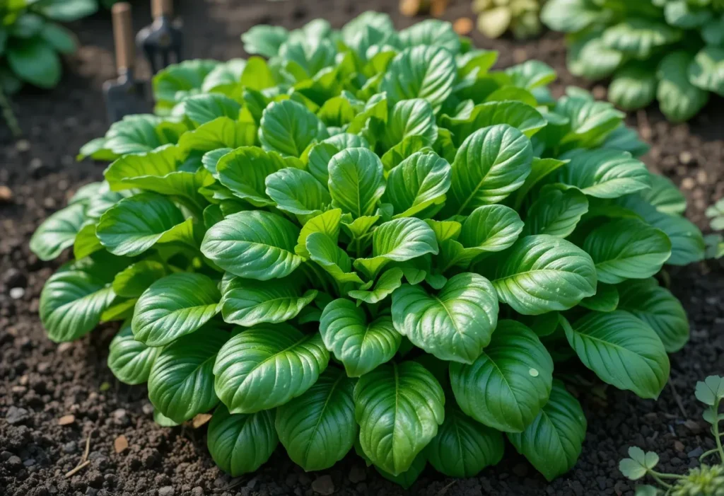 Healthy dark green spinach plants growing in shaded garden soil.