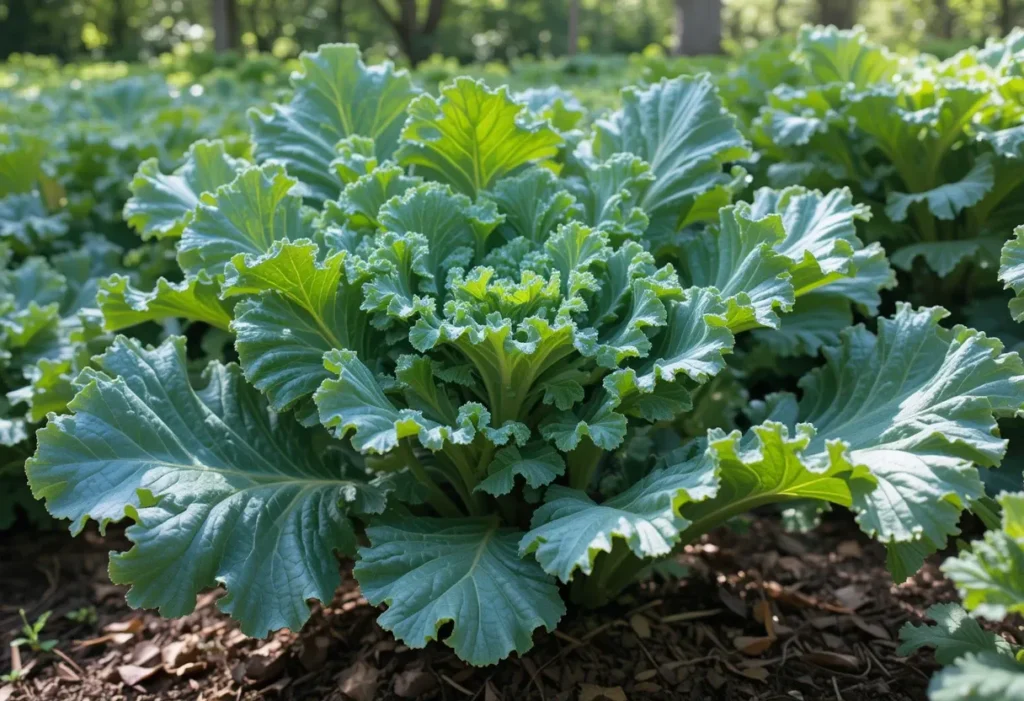 Curly kale plants thriving in partial shade with mulched soil.