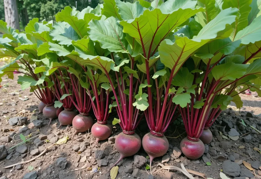 Beet greens and red beet roots growing in a shaded garden with loose soil.