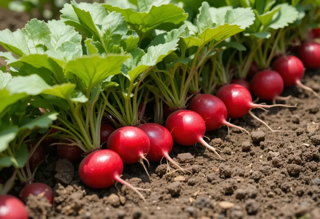Fresh red radishes with green tops growing in shaded soil rows.