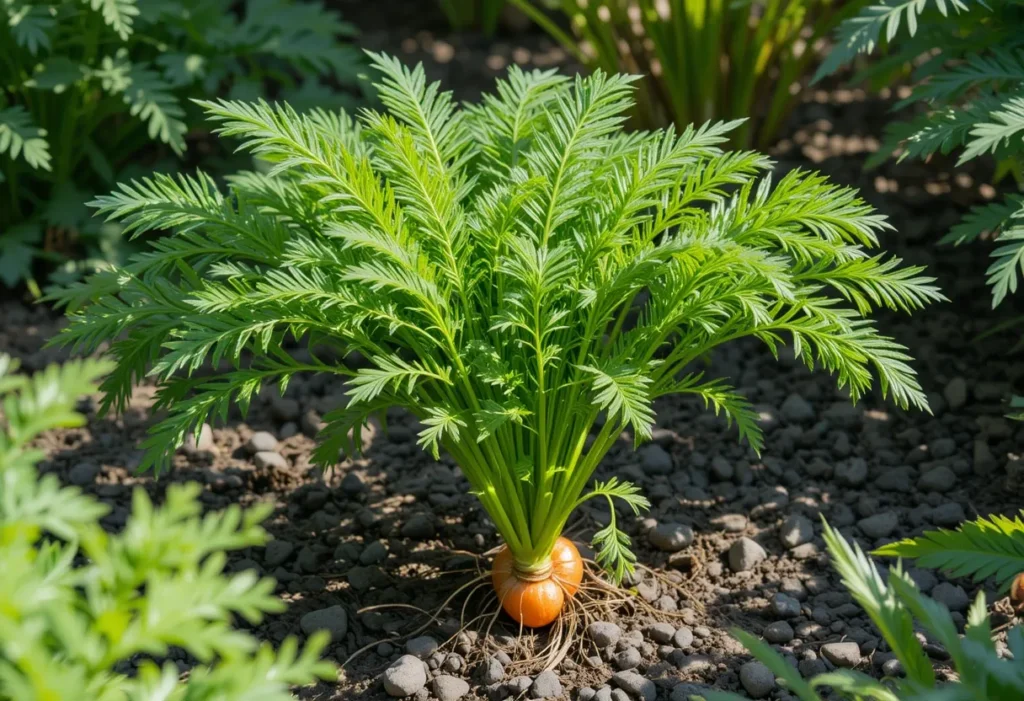 Carrot greens and roots growing in loose soil under partial shade.