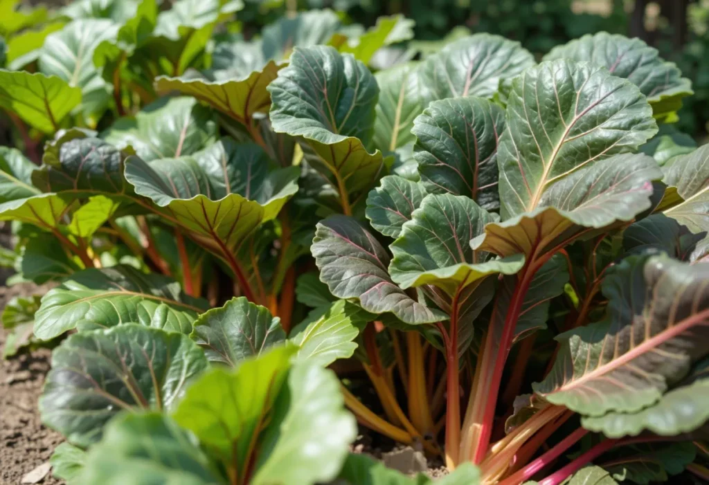 Swiss chard with bright stems and glossy leaves growing in partial shade.