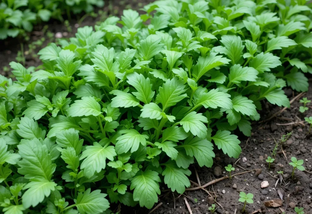 Fresh arugula leaves growing densely in a shaded garden patch.