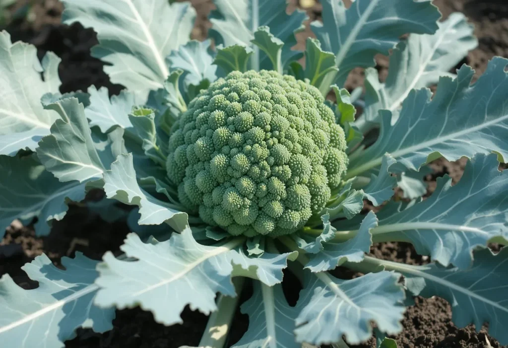 Broccoli head and leaves growing healthily in partial shade garden soil.