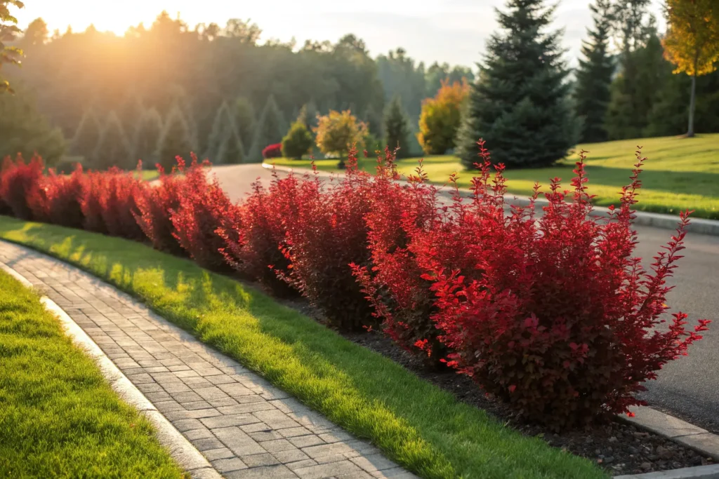 Bold barberry shrubs with striking red foliage brightening a sunny front yard.