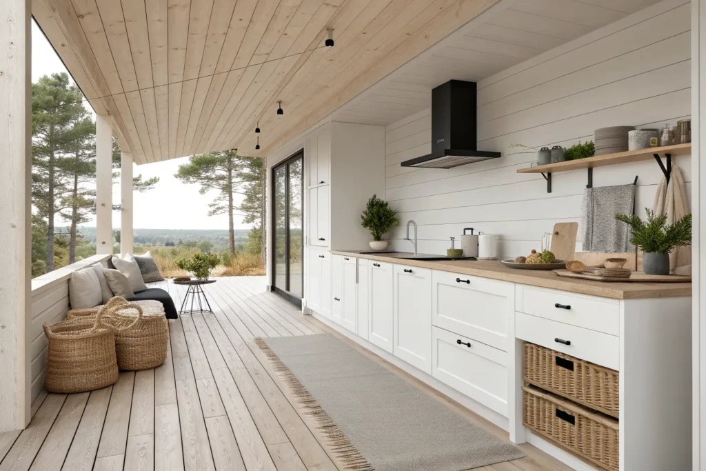 Scandinavian deck kitchen with white cabinets, black fixtures, and neutral minimalist design.