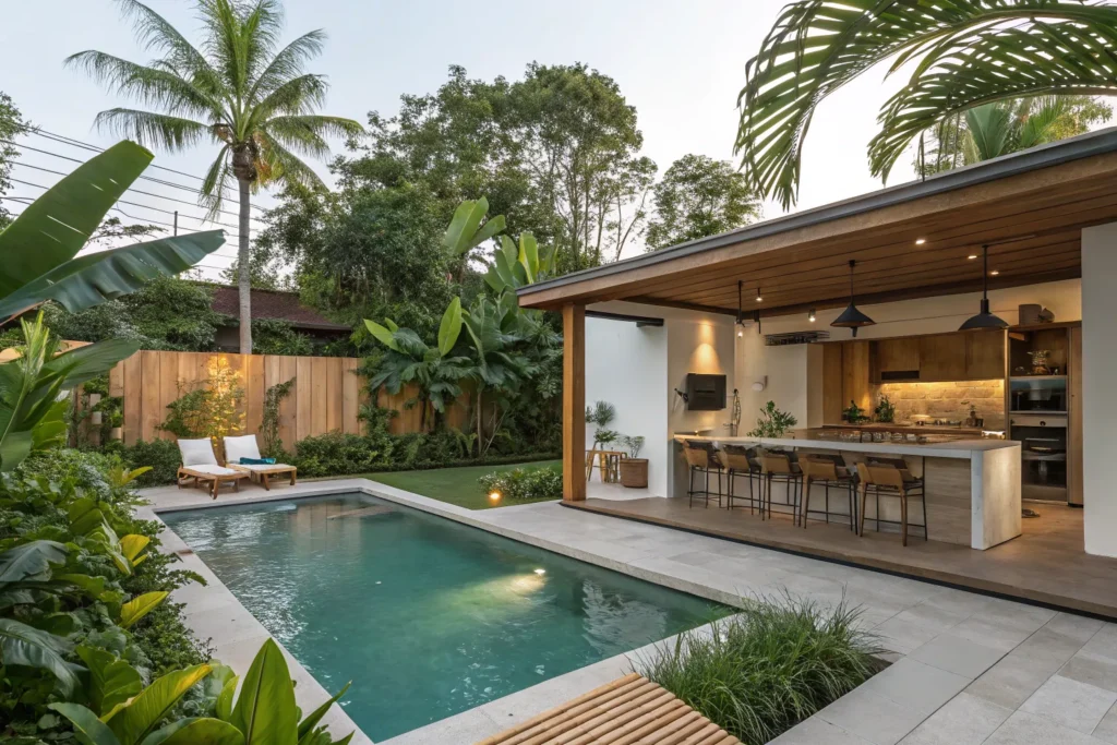 Serene poolside retreat with lush greenery, wooden accents, and a minimalist outdoor kitchen.
