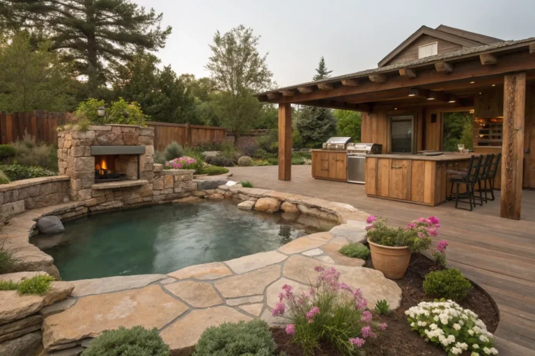 Rustic poolside design with stone accents, wooden outdoor kitchen, and flowering plants for elegant charm.