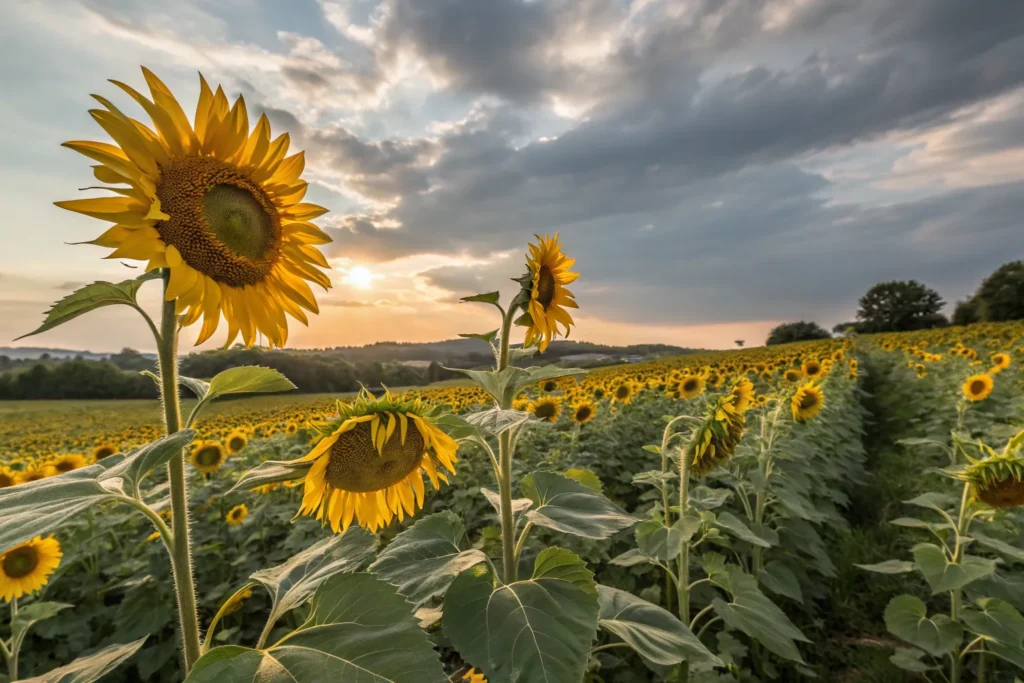 Golden sunflowers of different sizes blooming in a September garden.