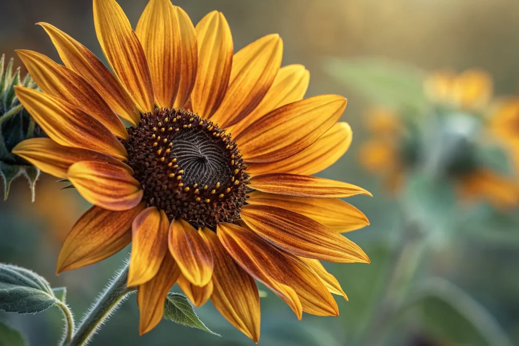 Bright yellow Sunflowers blooming in September against a blue sky.