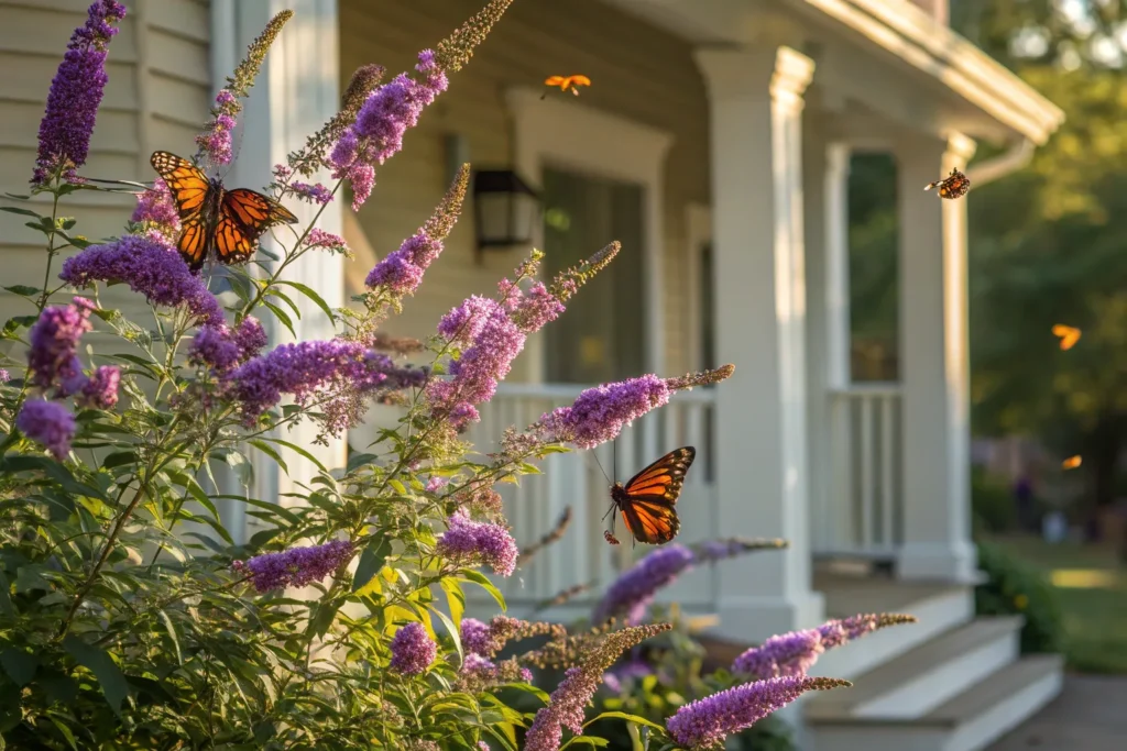 Butterfly bush with purple flowers attracting butterflies and adding vibrant curb appeal.