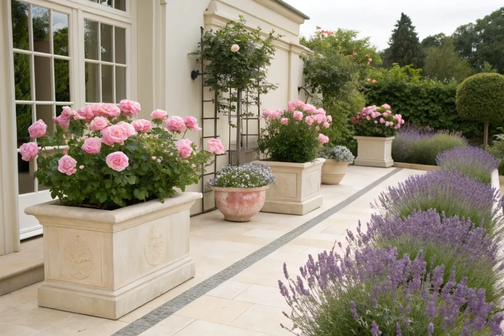 Raised patio planters with pink roses and lavender for a romantic look.