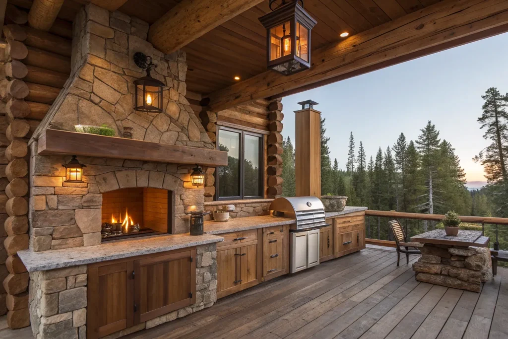 Log cabin-inspired outdoor deck kitchen with stone fireplace and wooden cabinetry.