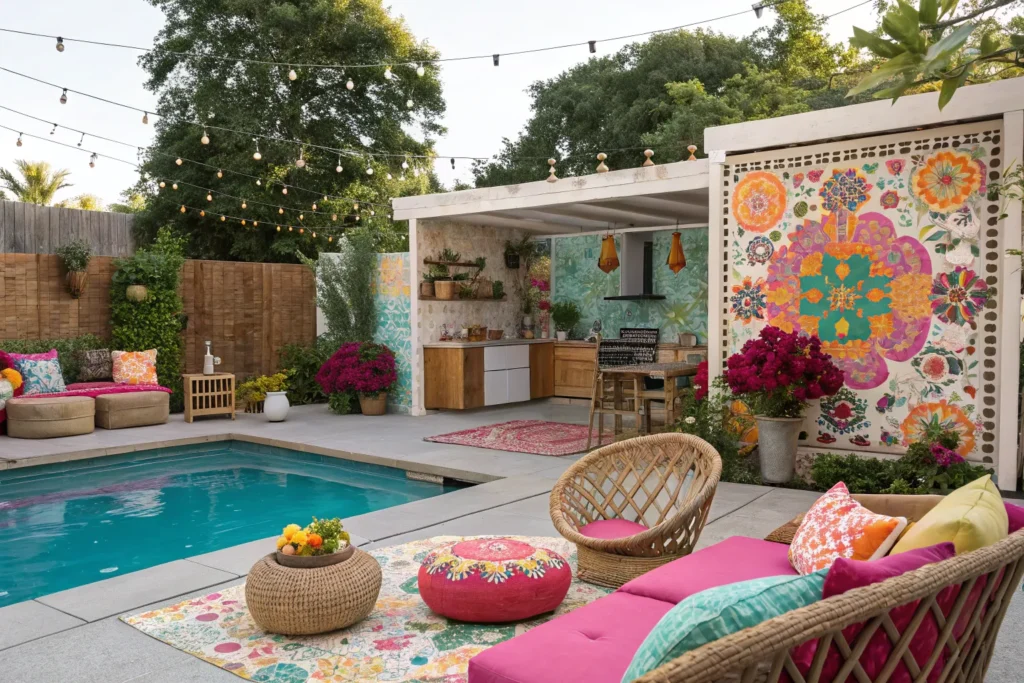 Vibrant poolside oasis with bohemian seating, colorful cushions, floral accents, and a modern outdoor kitchen.