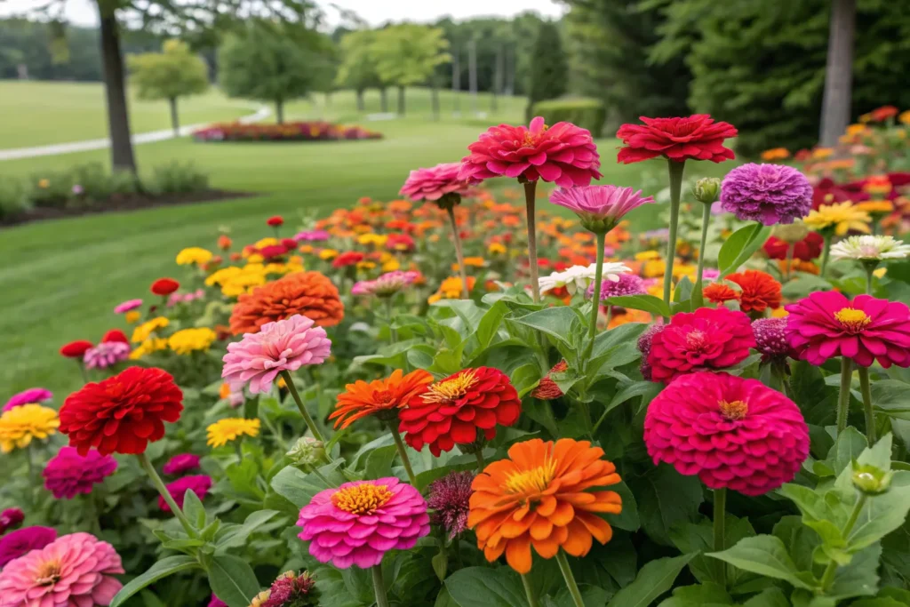 Colorful zinnias in red, pink, orange, yellow, and purple blooming in September.