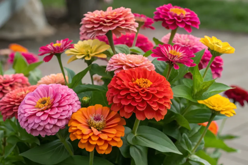 Brightly colored Zinnia flowers blooming in a September garden.