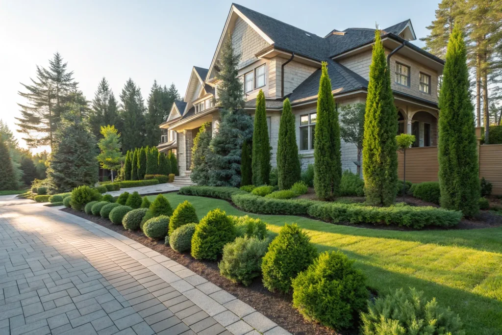 Hardy juniper shrubs with evergreen foliage adding texture to a sunny front yard.