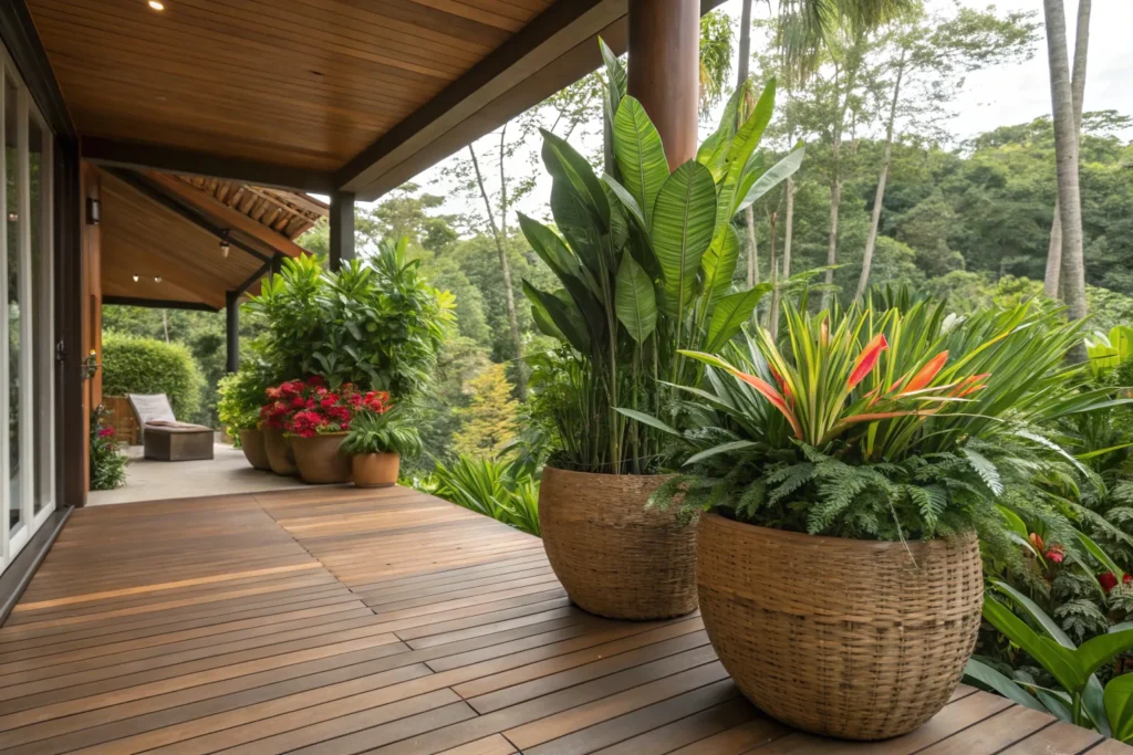 Woven planters filled with tropical bird of paradise and snake plants.