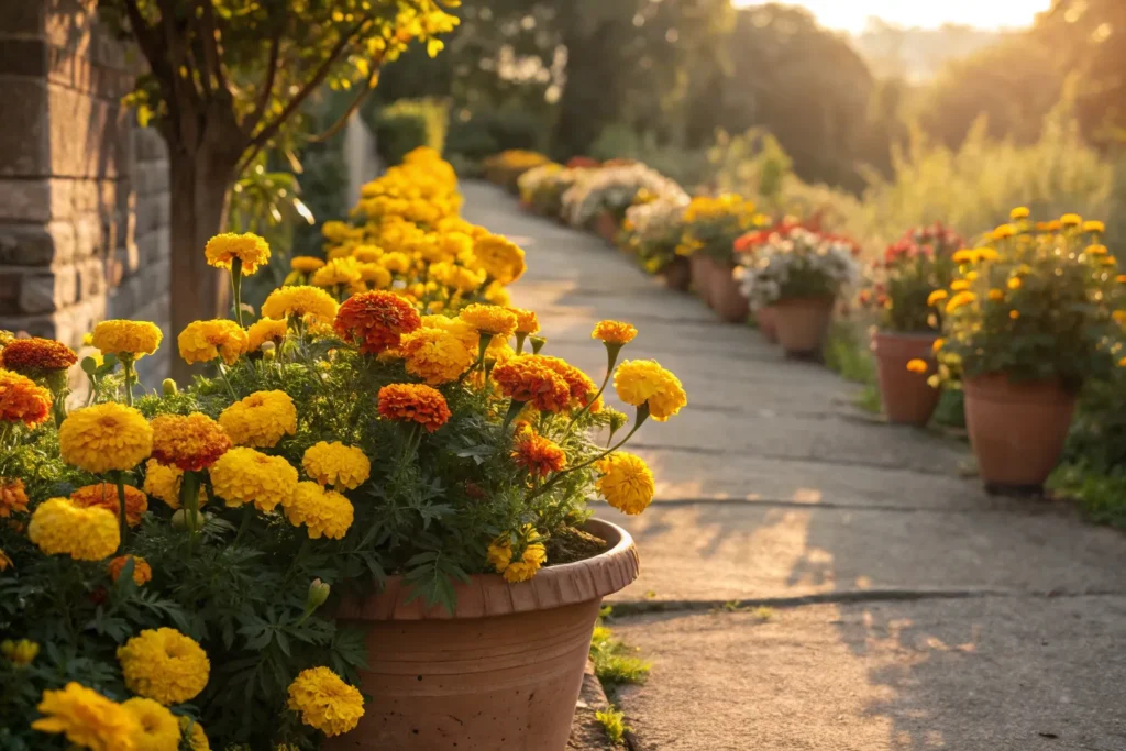 Yellow and orange marigolds blooming in early fall.