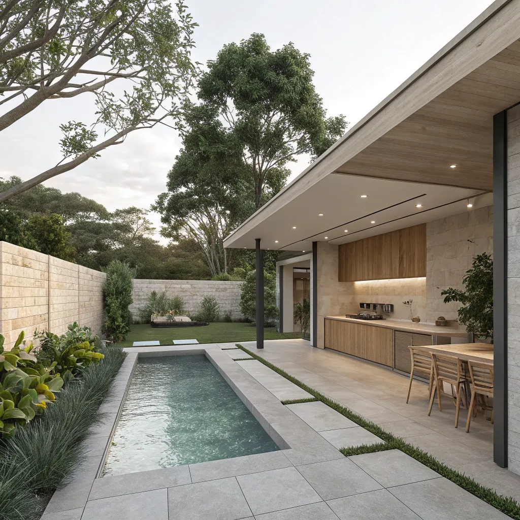 Modern tranquil backyard with sleek pool, neutral kitchen design, stone accents, and lush greenery.