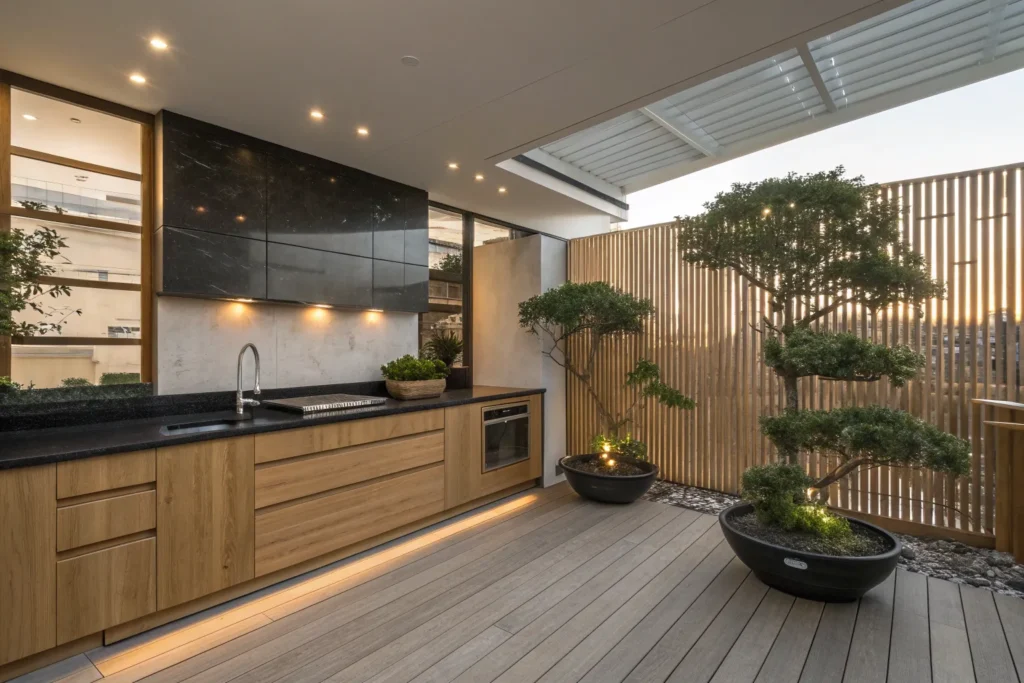 Zen outdoor teak deck kitchen with granite counters and bamboo screens.