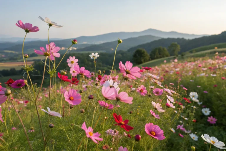 Pink, red, and white cosmos flowers blooming with delicate leaves in September.