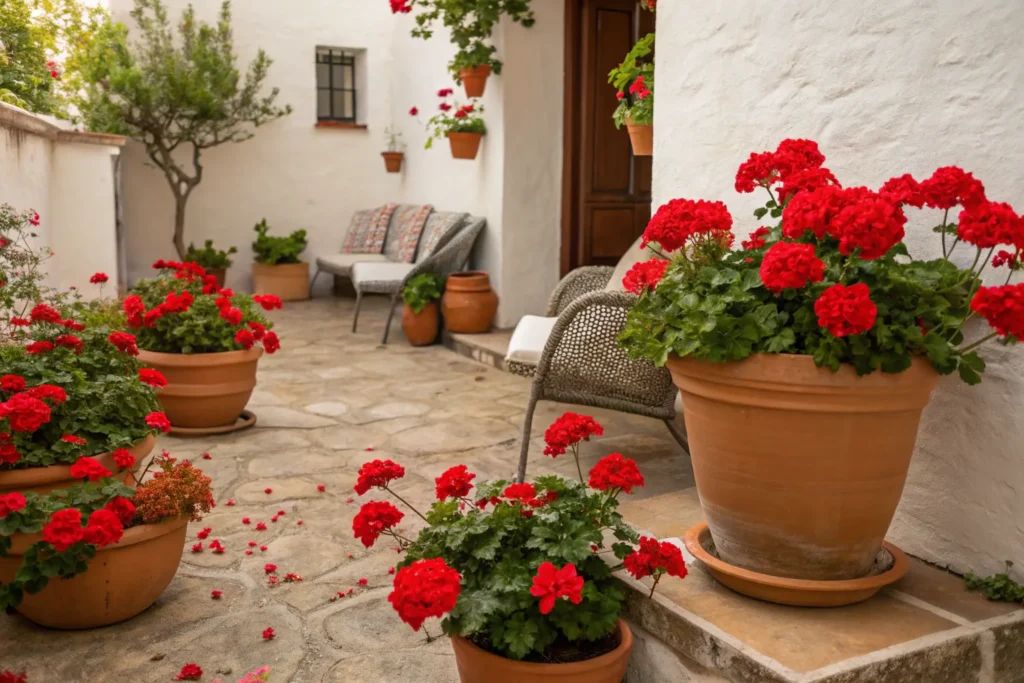 Terracotta patio planters with red geraniums creating a cozy outdoor vibe.