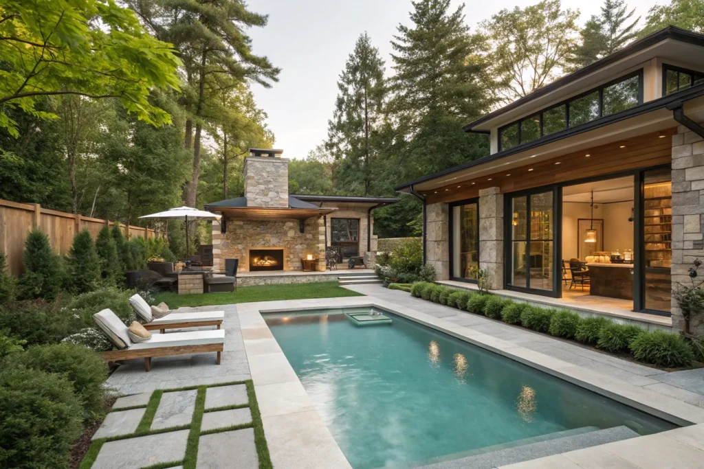 Modern elegant backyard with sleek pool, wood and stone accents, greenery, and contemporary outdoor kitchen.