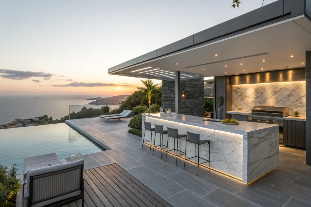Modern luxury deck kitchen with infinity pool backdrop and marble countertops.
