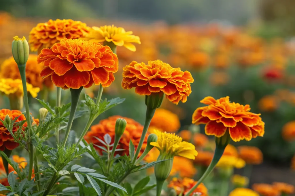 Orange and yellow Marigold flowers blooming in early fall.